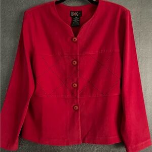 R&K Original Petite Sz 12 Vintage Red Suit Blazer Jacket Button Up Blk Stitch